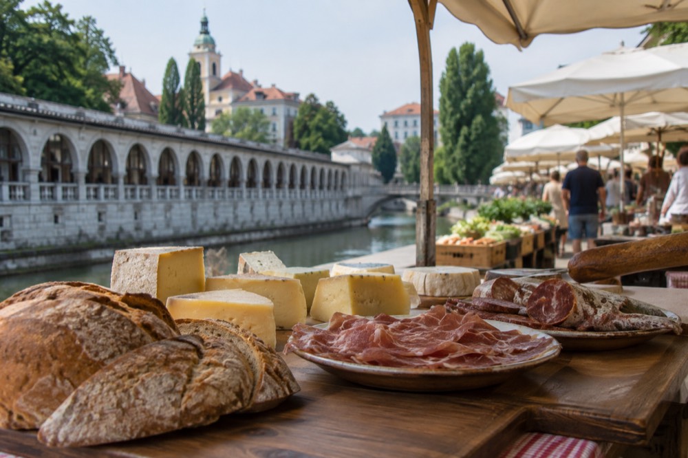 Plates of cured meat, cheese and bread arranged on a wooden tasting table