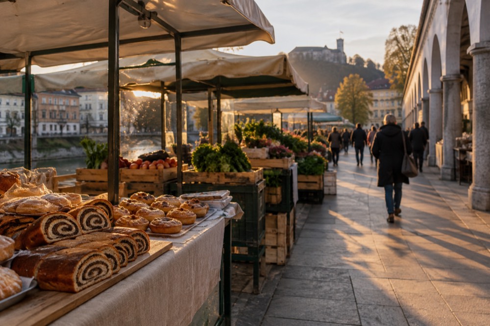 Sliced nut roll pastry and small pastries on a market stall counter