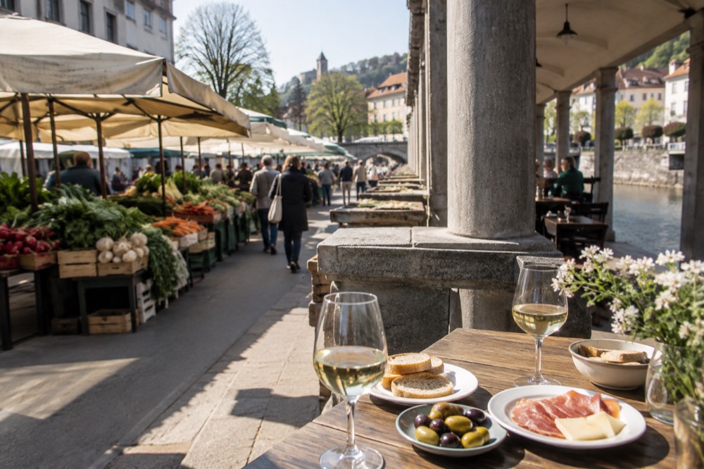 Small glasses of white wine and appetizer plates on a riverside table