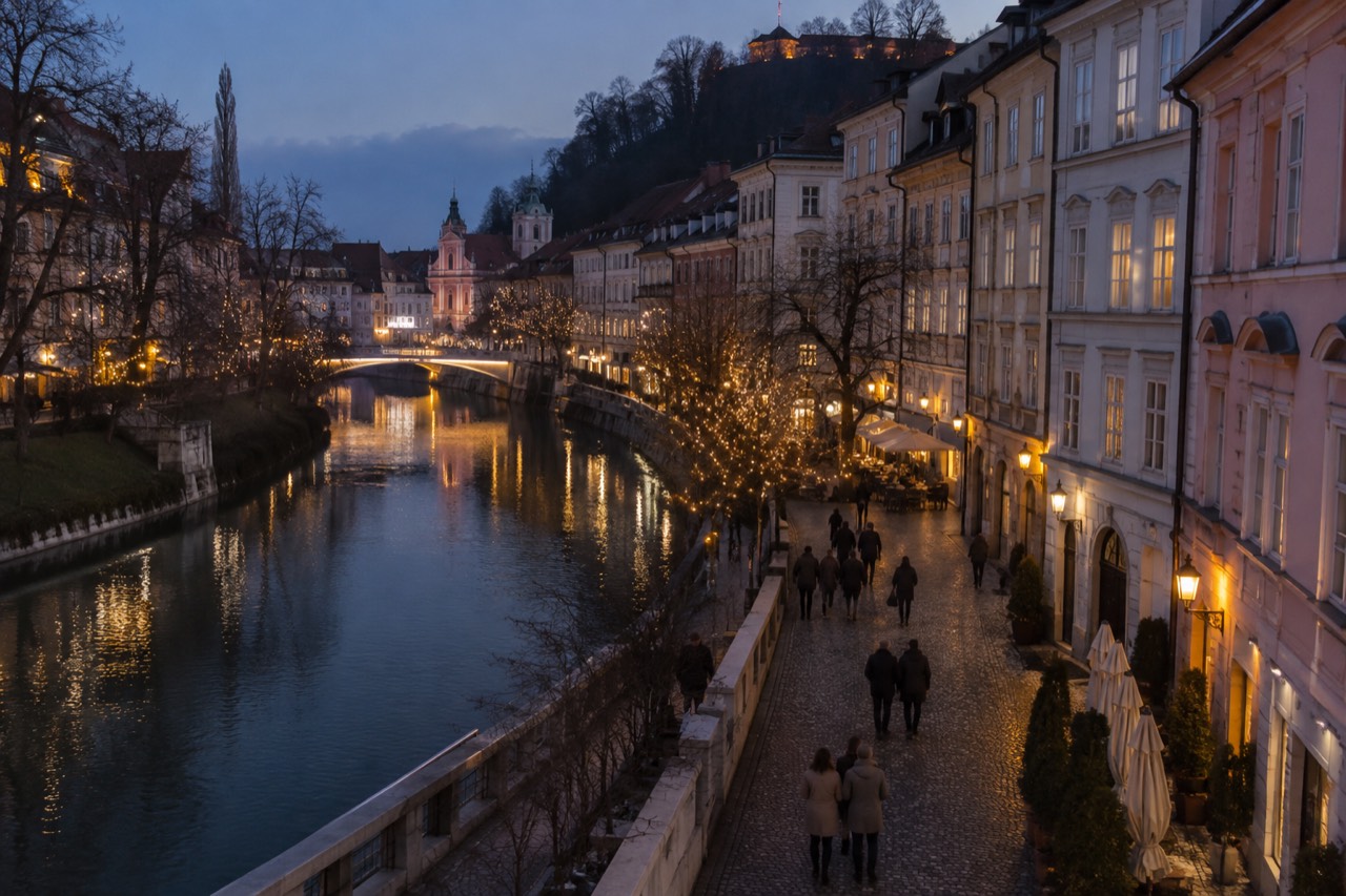 Festively lit old town street along the Ljubljanica river at dusk