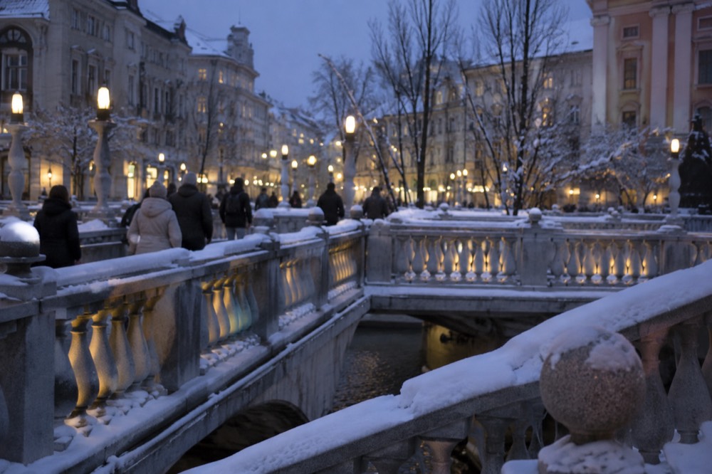 Fresh snow on the Triple Bridge and riverside buildings in Ljubljana at dusk