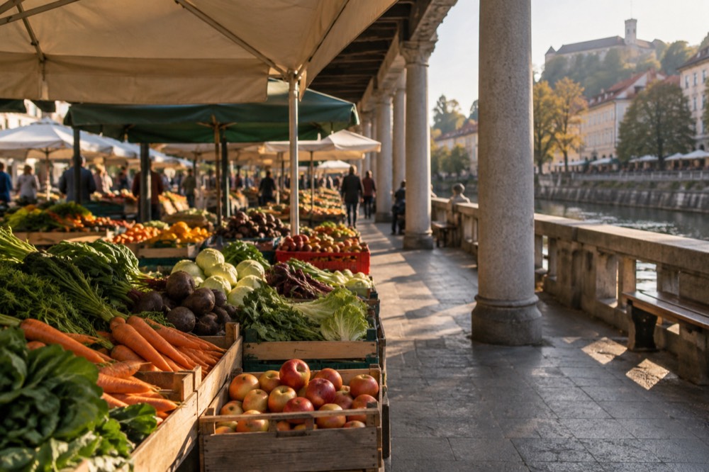 Crates of seasonal fruit and vegetables on an outdoor market stall