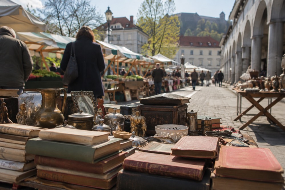 Second-hand books and antiques laid out on folding tables in a city square