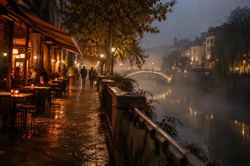 Autumn evening on the Ljubljana embankment with fog over the river and lit bar windows