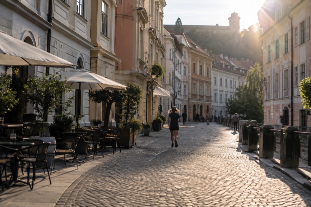 A quiet cobbled street in the Ljubljana old town with cafe tables