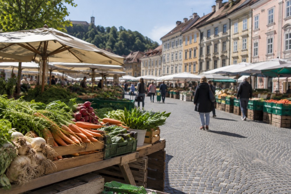 Outdoor market stalls with fresh produce on a Ljubljana square