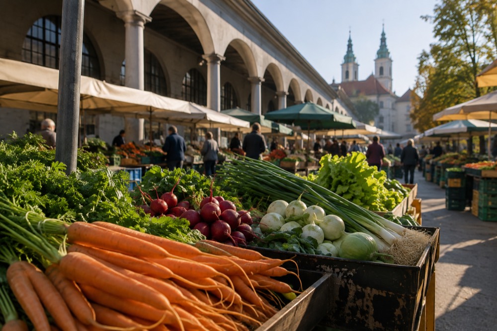 Outdoor market stalls with fruit and vegetables beside a covered market hall