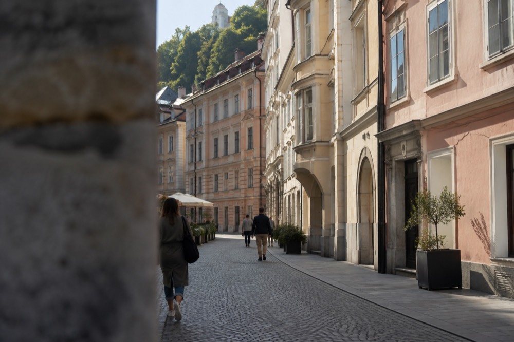 A quiet pedestrian street in the old town in early morning light