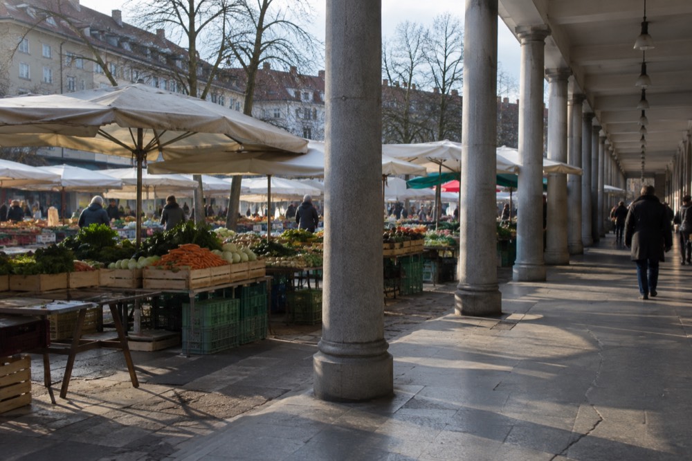 Market stalls with fresh produce on Vodnikov trg in Ljubljana