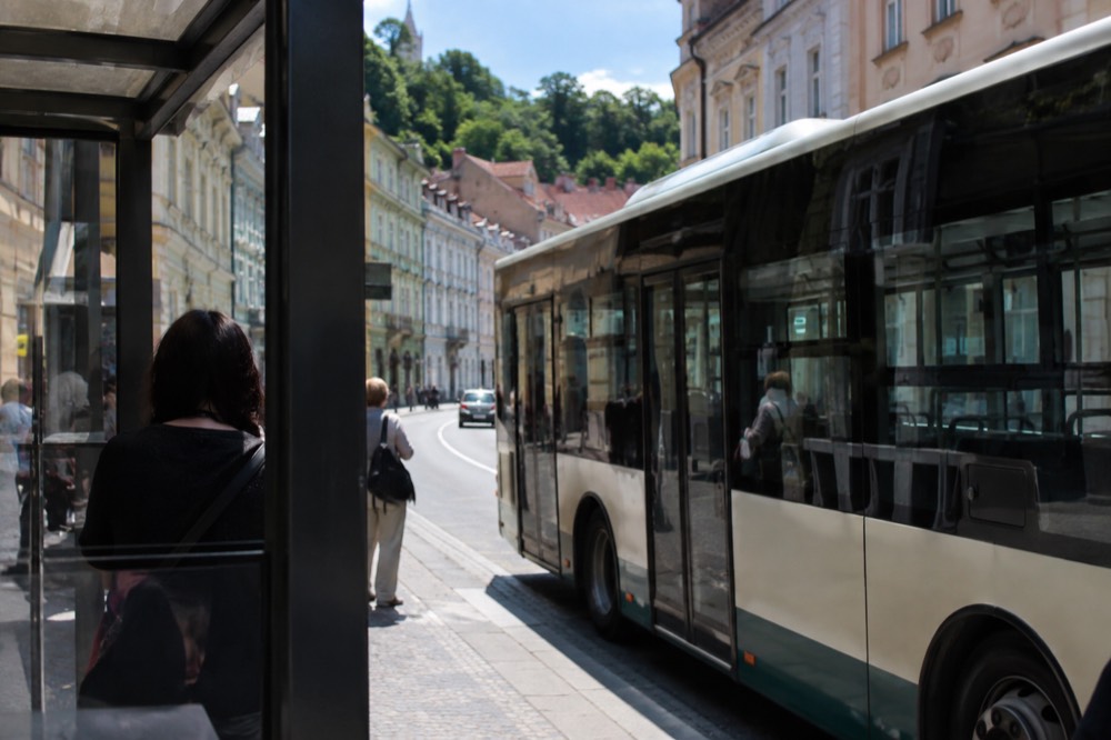 A city bus at a stop on Slovenska cesta in central Ljubljana