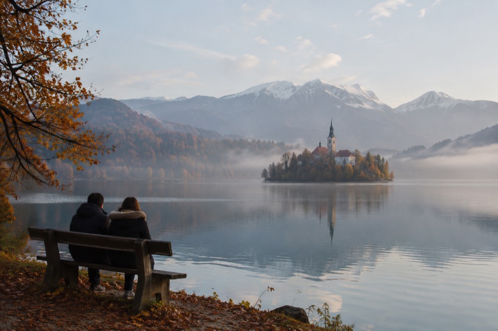 Autumn mist over a lake with forested hills in orange and red foliage