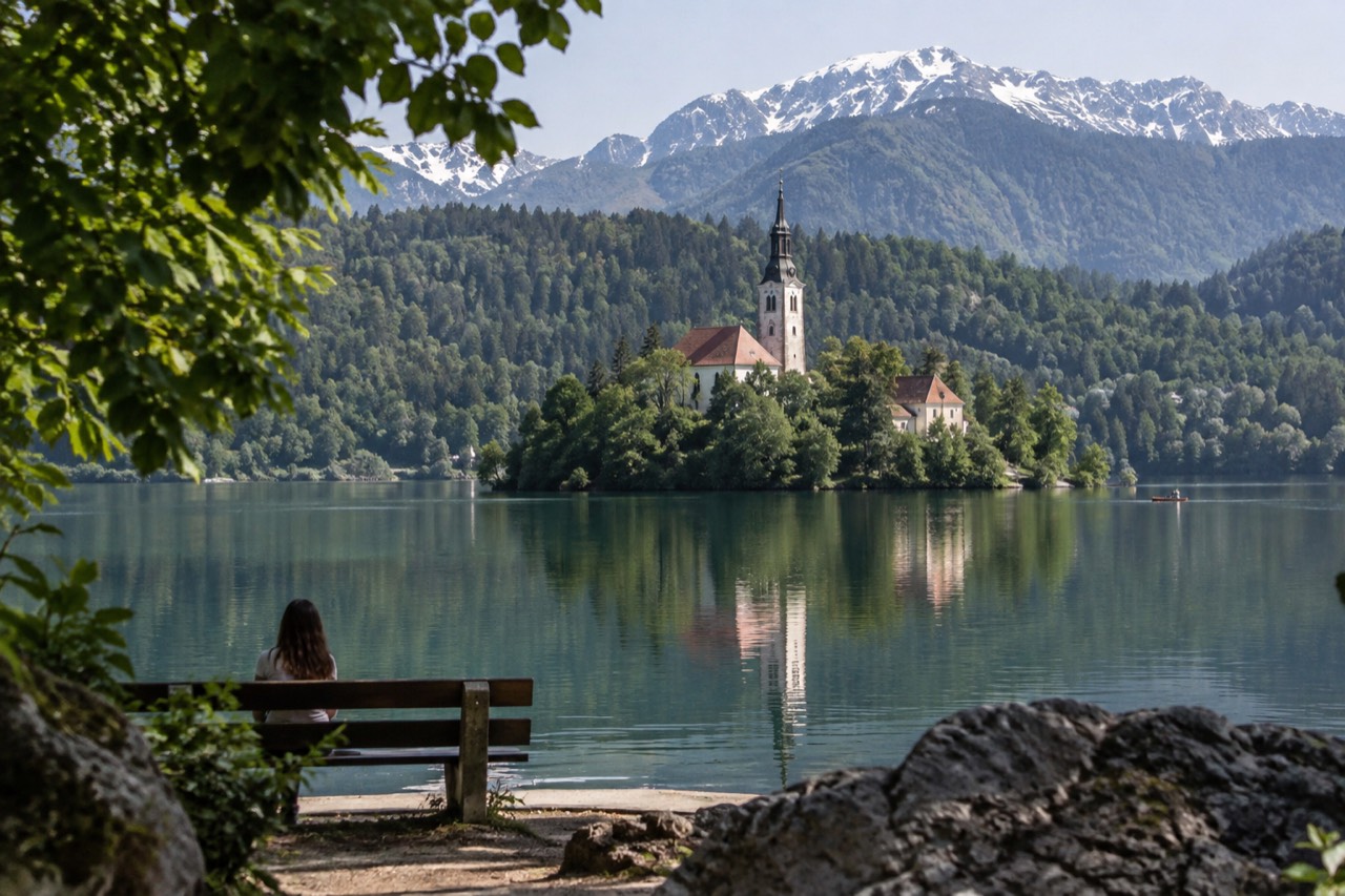 Lake Bled with the island church and wooded hills reflected in still morning water