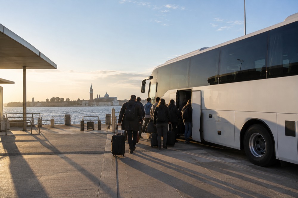 A [long-distance coach](https://busbud.tpk.ro/4kLAIElq) parked at a modern bus terminal with passengers boarding