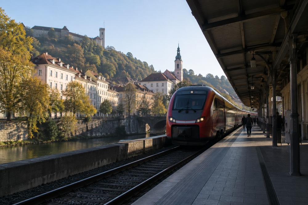 A red Austrian railjet train waiting at a platform beside a station building under a clear sky