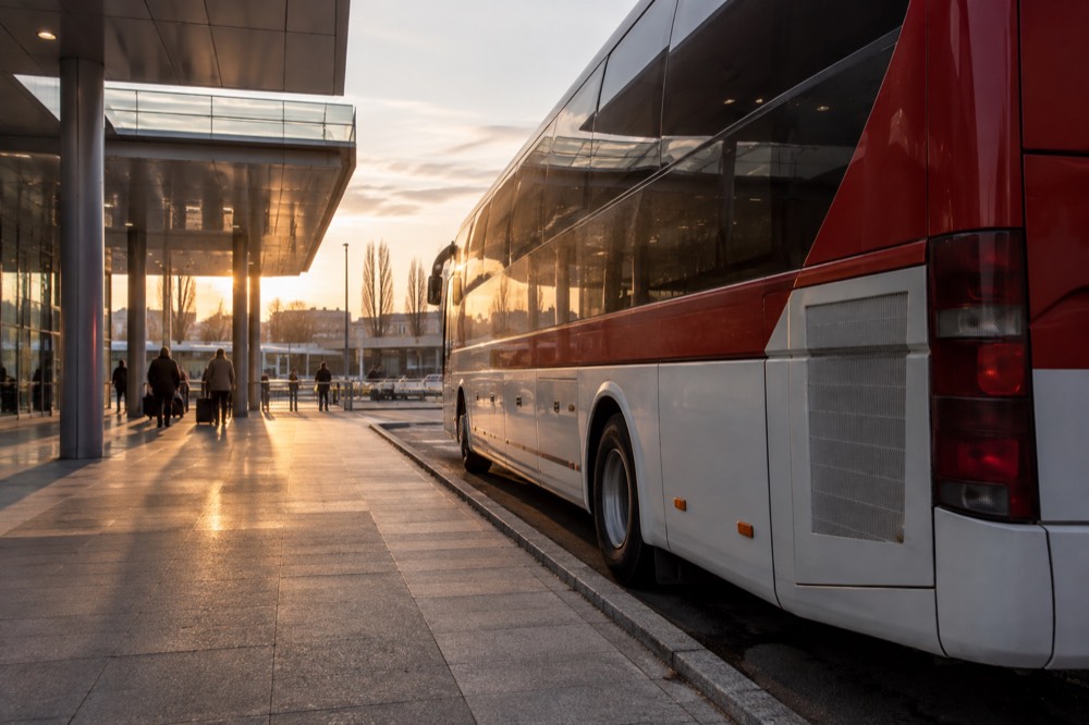 Red and white [intercity bus](https://busbud.tpk.ro/4kLAIElq) parked at a modern bus station forecourt