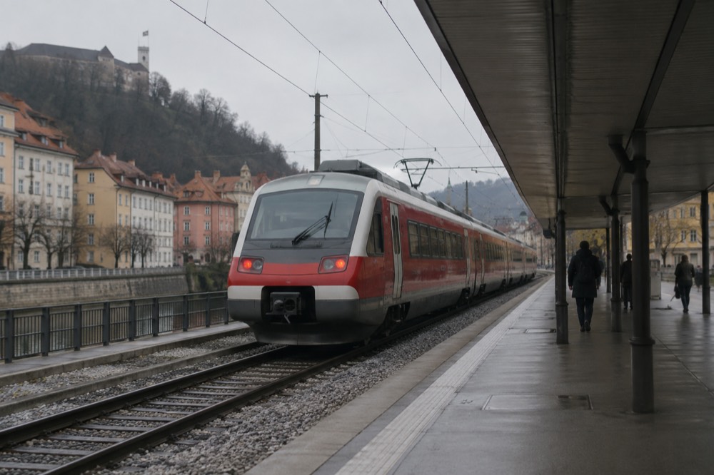 A red-and-white Slovenian regional train at a platform under a grey sky in Ljubljana