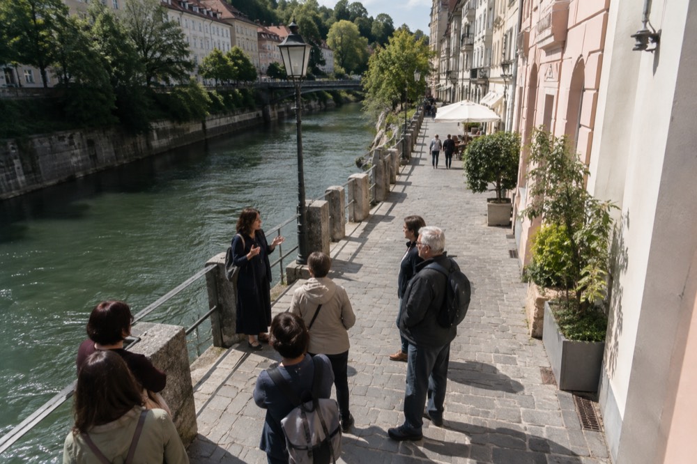 Guide speaking to a small group on a riverside street in Ljubljana