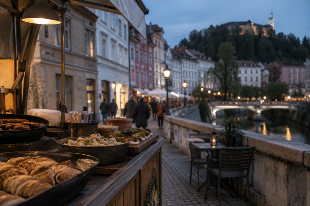 Plates of Slovenian street food laid out on a market stall counter