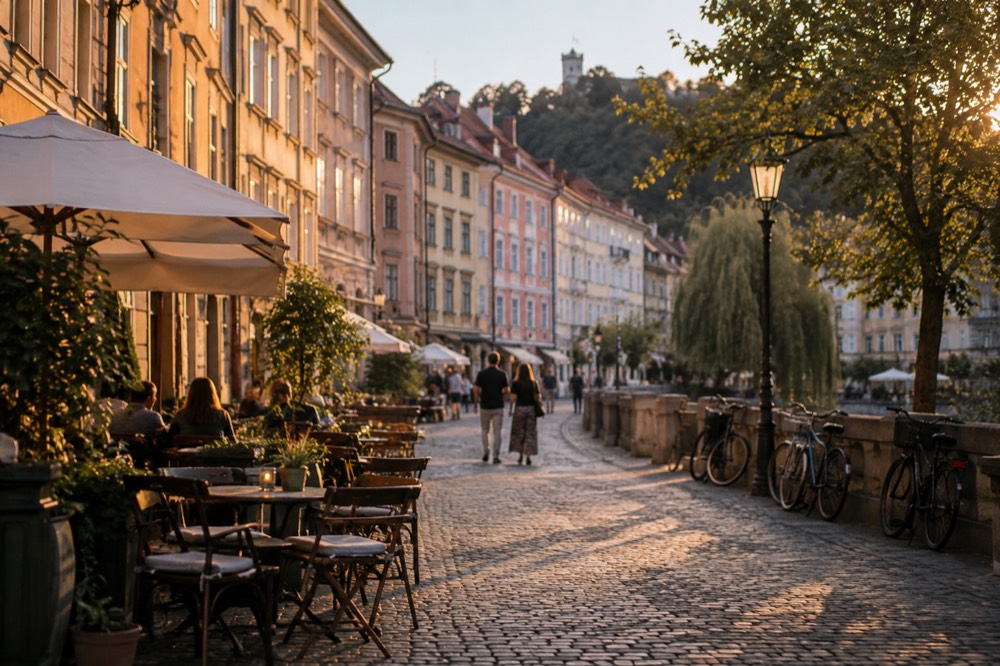 Pedestrian street in Ljubljana with outdoor cafe tables and bicycles leaning on railings