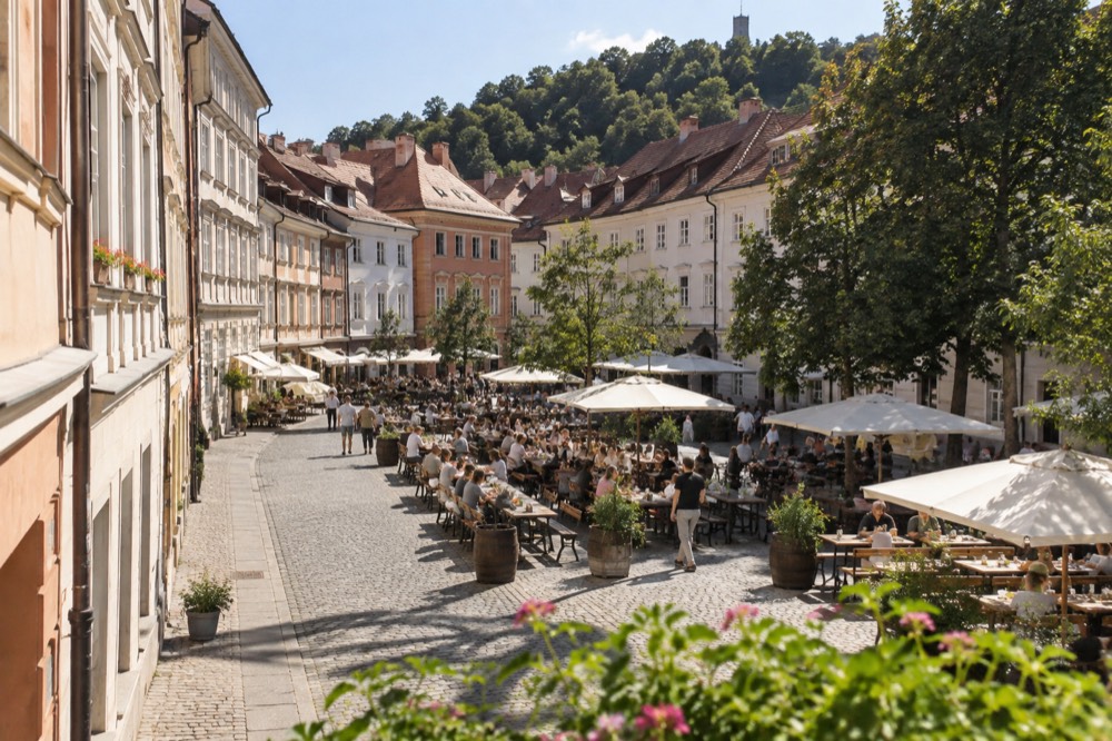 Long communal tables set with people eating outdoors on a city square