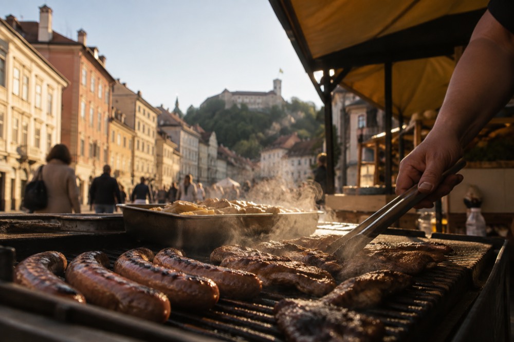 Close view of grilled food being served from an open-air market stall