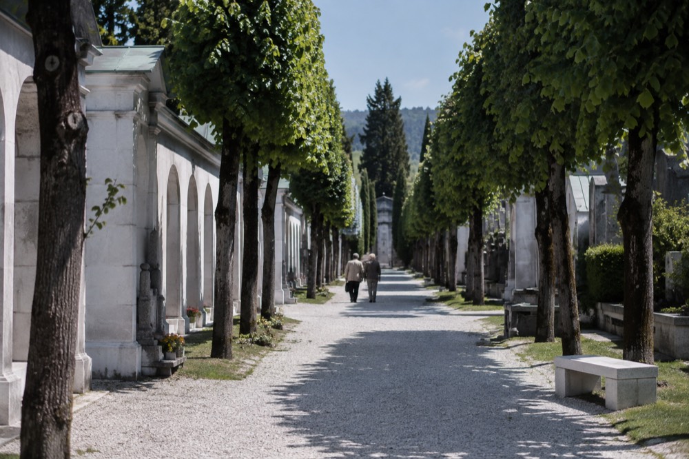 A walled cemetery complex with small stone chapels along a tree-lined path