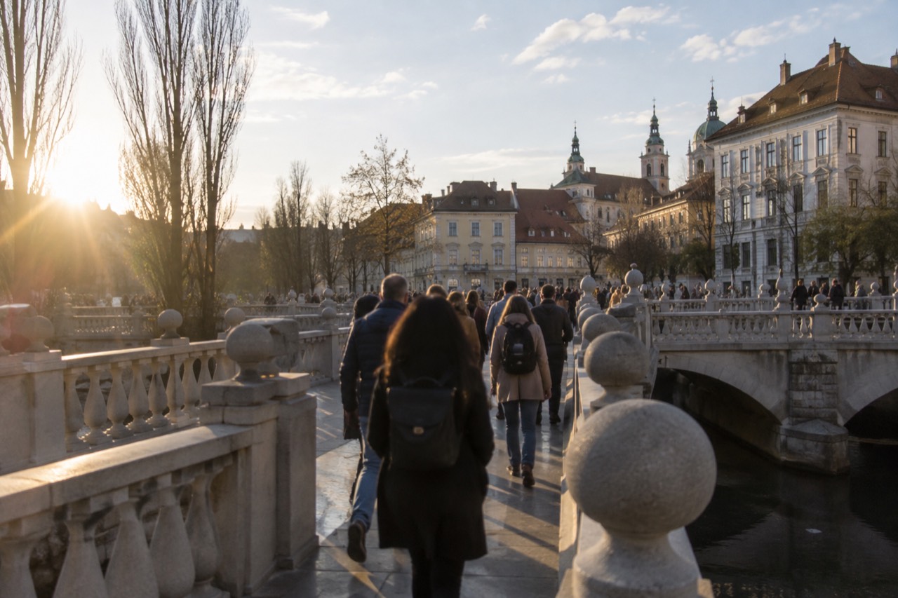 The Triple Bridge crossing the Ljubljanica river with the old town behind