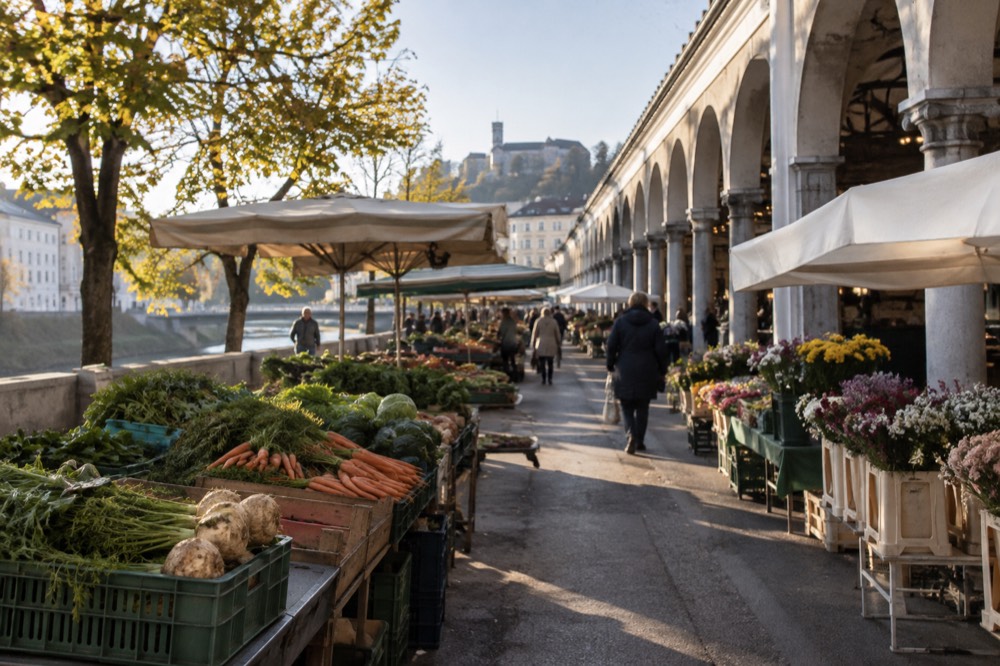 Covered market halls with stone arches beside stalls of vegetables and flowers