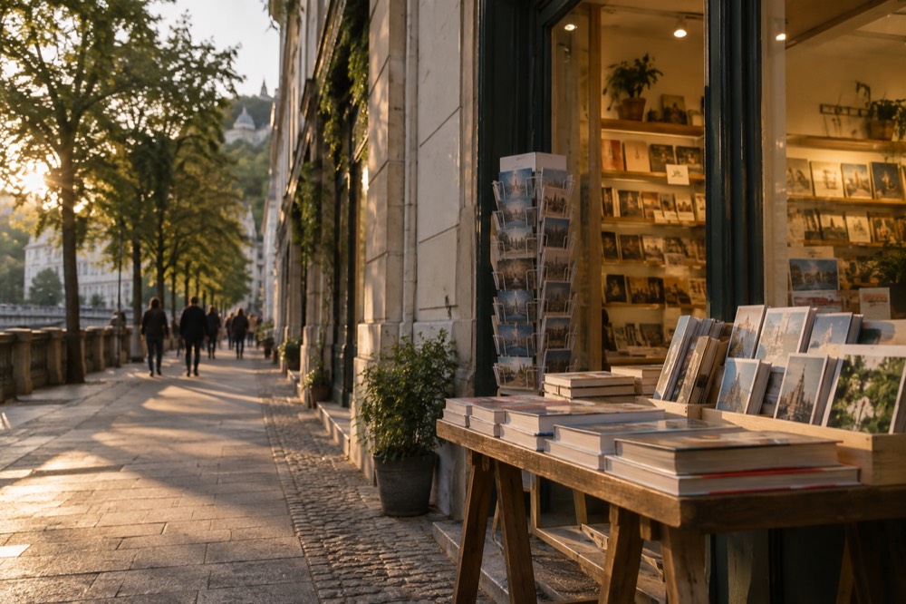 A bright museum gift shop with shelves of art books and postcards beside a gallery doorway