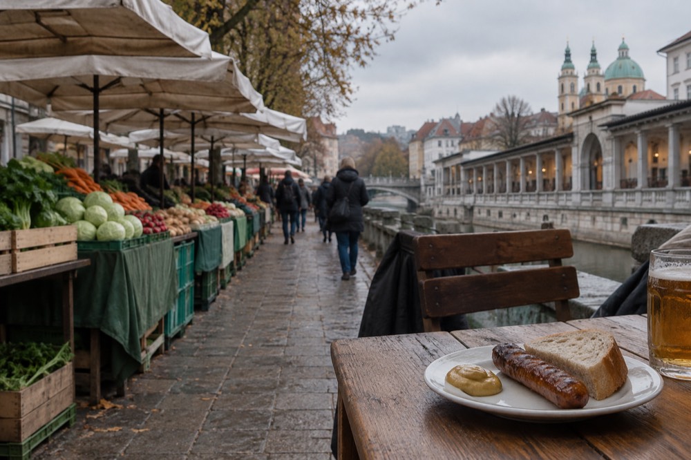 A plate of grilled sausage with mustard and bread on a wooden table in a traditional tavern