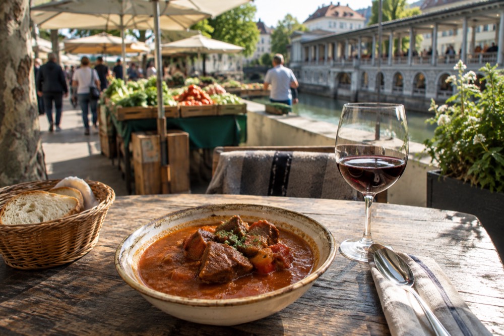 A bowl of thick meat stew with paprika served on a rustic table beside a glass of red wine