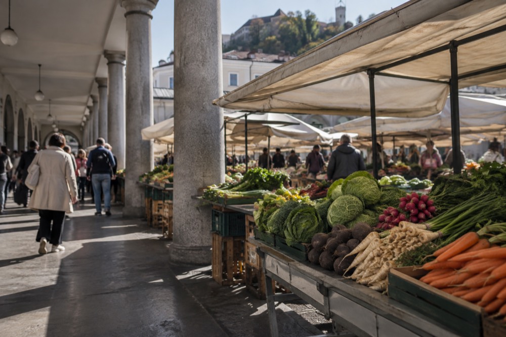 Covered market hall with fresh produce stalls and shoppers browsing in the morning
