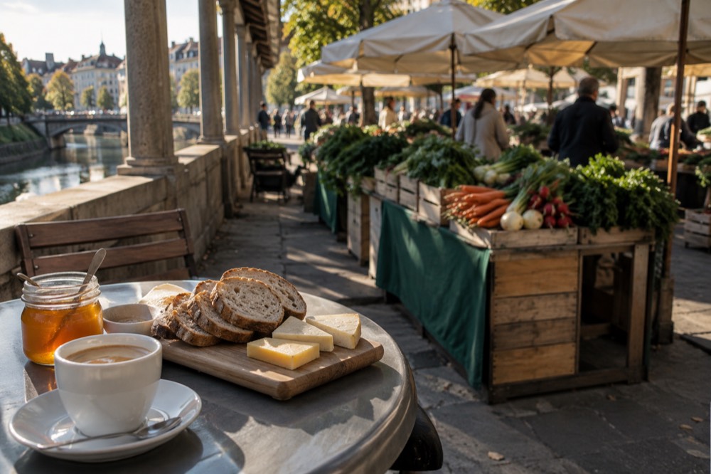 A breakfast table with sliced bread, honey, cheese and coffee arranged on a café counter