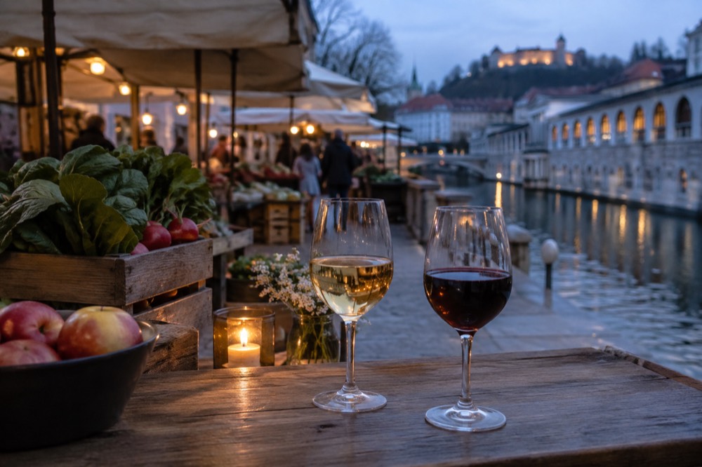 Glasses of white and red wine on a wooden counter in a small wine bar