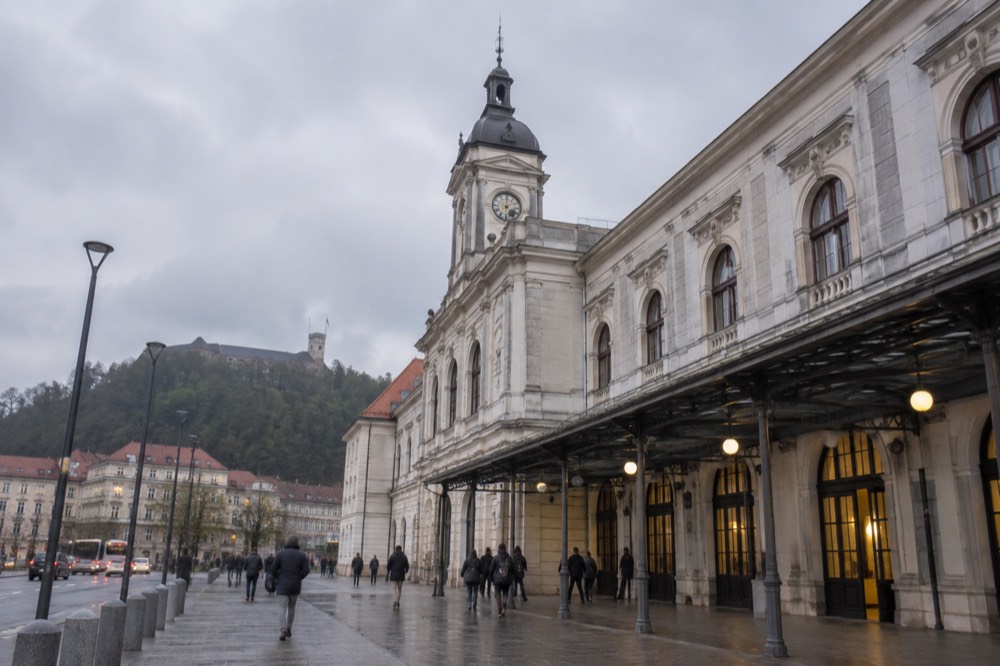 The front of Ljubljana railway station with the Slovenian Railways sign above the entrance