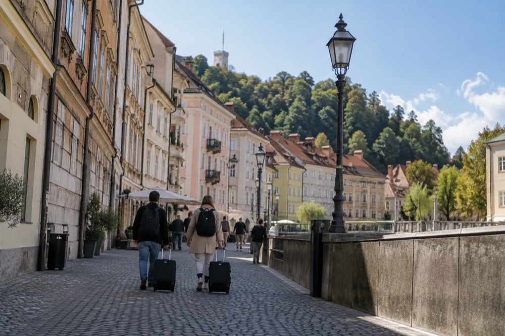 Travellers walking with luggage through the pedestrianised centre of Ljubljana near the river