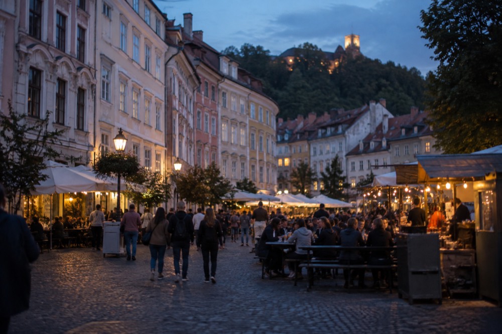 Crowded outdoor food stalls and long tables on a city square in the evening
