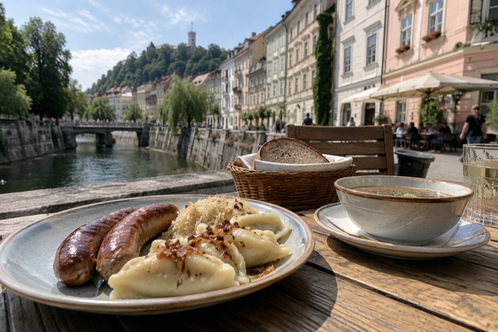 Traditional Slovenian dumplings and sausage served on a wooden table