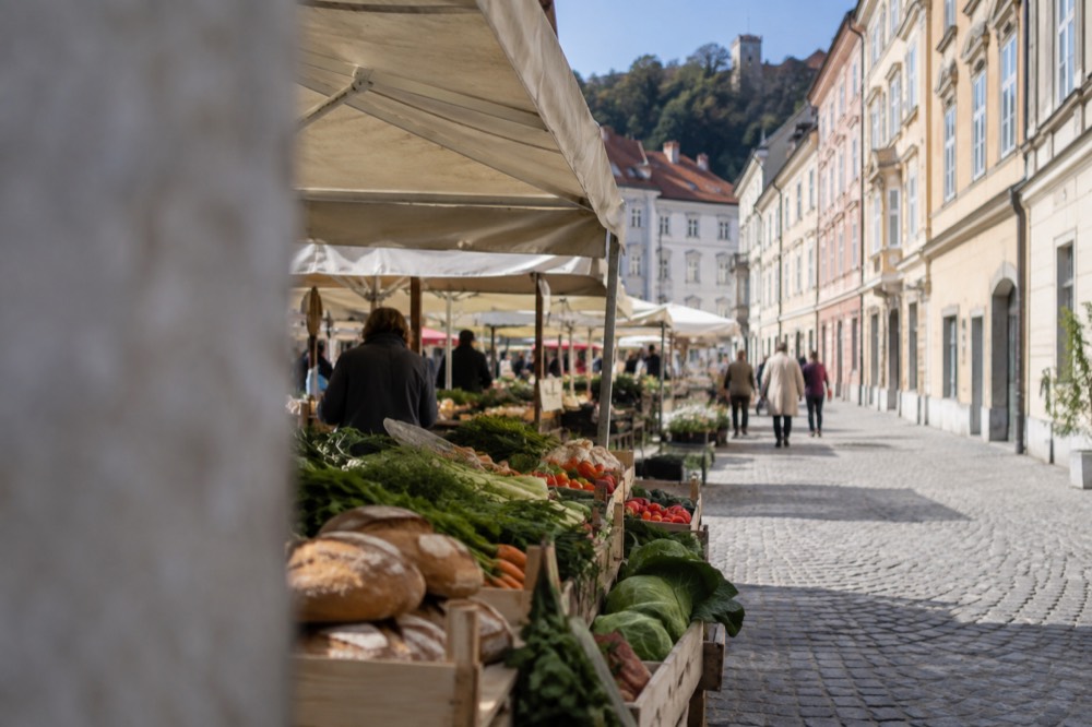 A market stall with fresh vegetables and bread loaves under a canopy