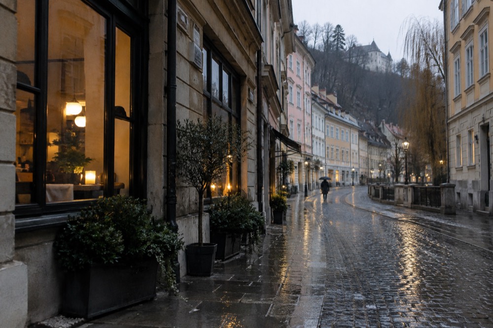 Rain falling on an empty street with a warm lit restaurant window in Ljubljana