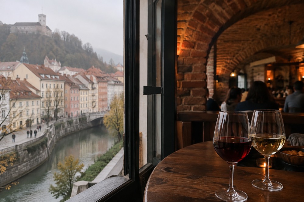 Glasses of red and white wine on a wooden table in a bar with brick vaults