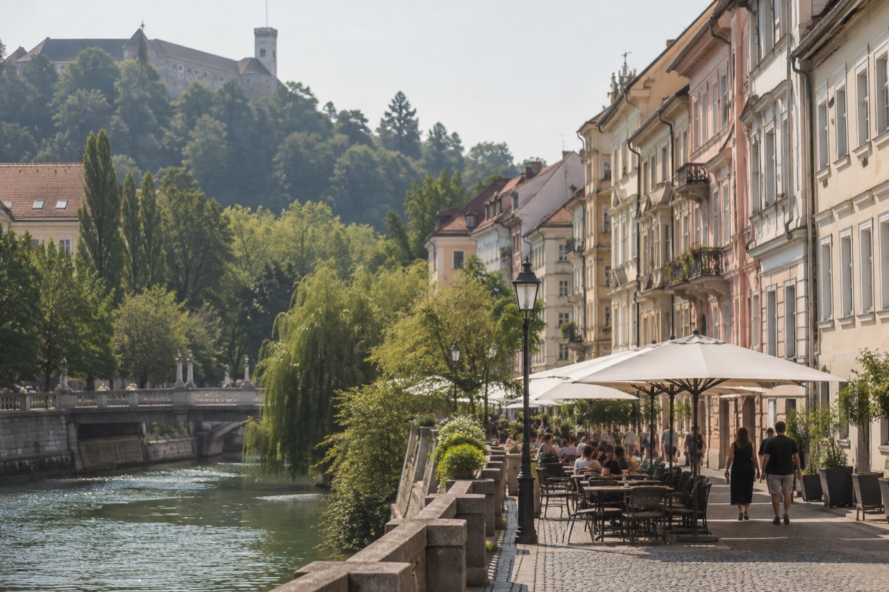 Outdoor restaurant tables with parasols along a cobbled street beside a river in Ljubljana old town