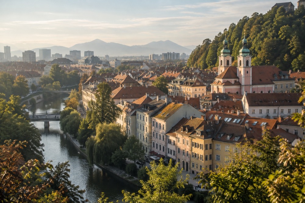 Ljubljana old town rooftops seen from the castle hill with the Ljubljanica river below