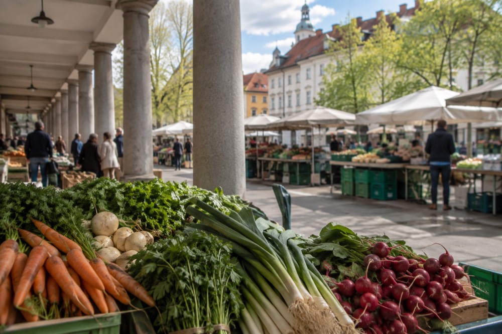 Market stalls with fresh produce under the colonnade designed by Joze Plecnik in central Ljubljana