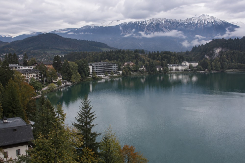 Row of guesthouses and hotels along the southern shore of Lake Bled