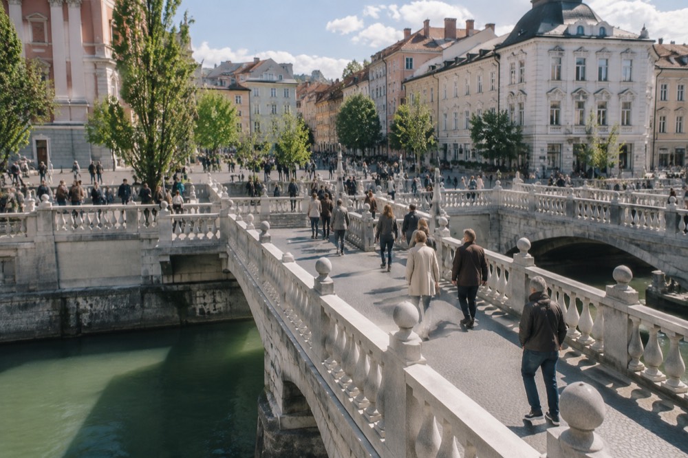 The Triple Bridge and the pastel facades of Prešeren Square in morning light