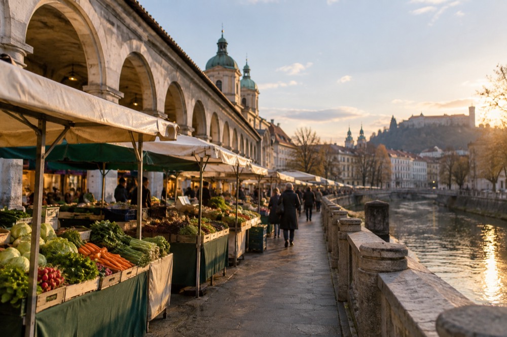 Market stalls with fresh produce beside the covered Central Market halls in Ljubljana