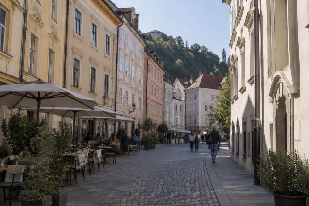 A city street of cafés and facades closed to traffic in central Ljubljana