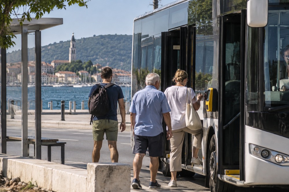 City bus at a stop with contactless card reader beside the door