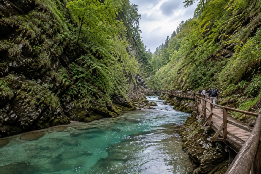 Wooden walkways above the turquoise water inside Vintgar Gorge
